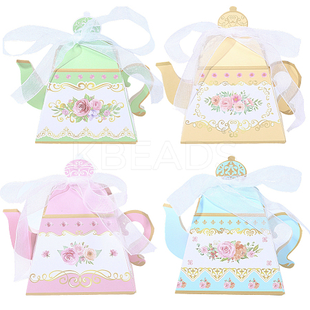 12Pcs 4 Colors Flower Printed 3D Teapot Shaped Paper Candy Gift Boxes with Ribbon DIY-SP0006-39-1