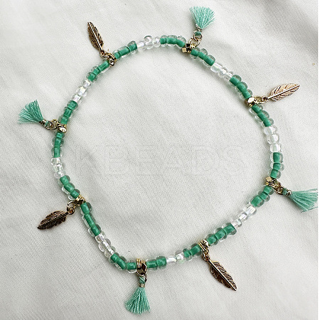 Bohemian Style Alloy Feather Charm Tassel Plastic Seed Beaded Stretch Anklets FS-WGB8A48-12-1