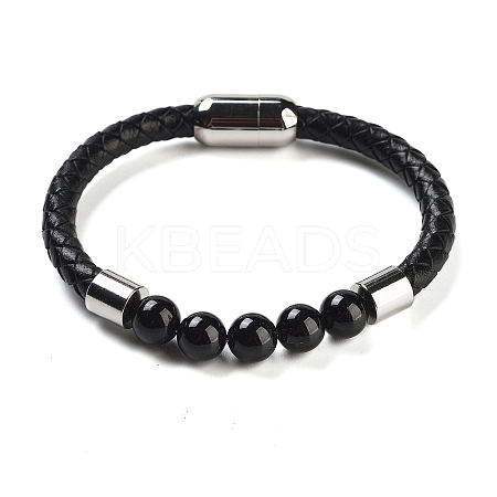Natural Tourmaline Round Bead Braided Leather Cord Bracelets for Men Women BJEW-A009-11P-07-1