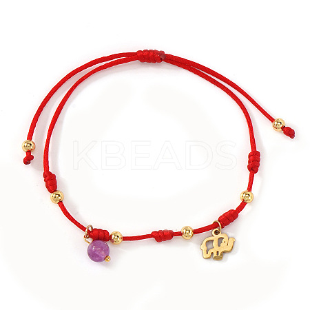 Adjustable Amethyst Beads with Stainless Steel Elephant Charm Bracelets OZ3609-1-1