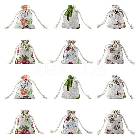 24Pcs 6 Colors Floral Animal Printed Burlap Packing Pouches ABAG-FS0001-13-1