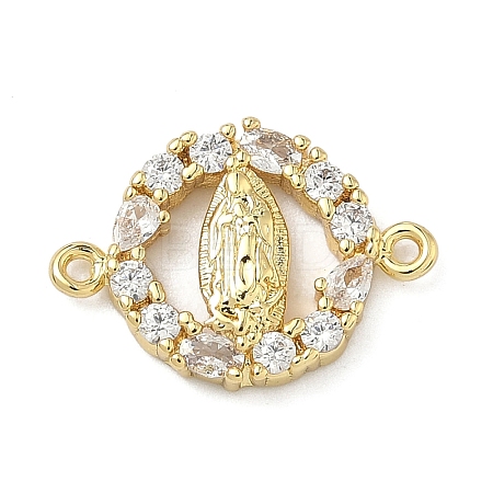 Brass Pave Clear Cubic Zirconia Religion Flat Round with Virgin Mary Links Connector Charms KK-A282-07A-G-1