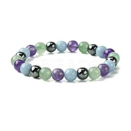Synthetic Non-Magnetic Hematite & Natural Green Aventurine & Natural Amethyst & Natural Angelite Round Beaded Stretch Bracelets BJEW-JB10910-08-1