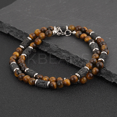 Natural Tiger Eye Round and Lava Rock Column Beaded Necklaces for Men AD4538-2-1
