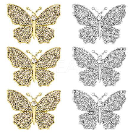6Pcs 2 Colors Butterfly Alloy Rhinestone Lapel Pins for Backpack Clothes JEWB-OC0001-07-1