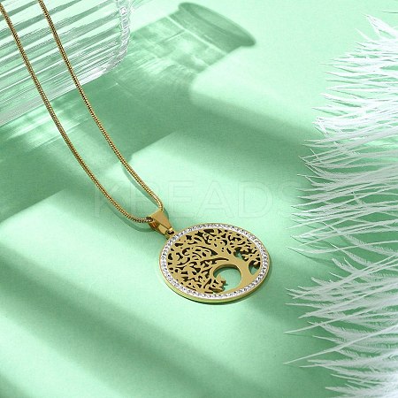 201 Stainless Steel Crystal Rhinestone Tree of Life Pendant Necklaces for Women NJEW-P327-03G-1
