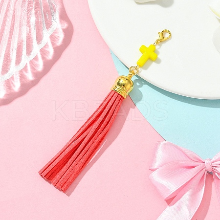 Cross Acrylic & Faux Suede Tassel Pendant Decorations HJEW-YW00078-04-1