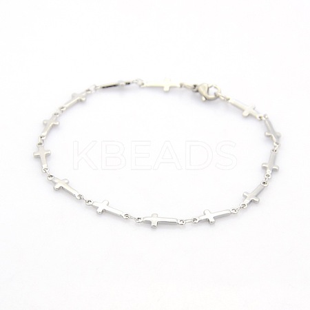 Tarnish Resistant Religious Catholic Jewelry 304 Stainless Steel Cross Link Chain Bracelets LS-STAS-O036-09P-1