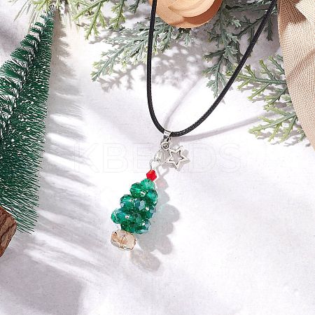 Electroplate Glass Beaded Dark Cyan Christmas Tree & Alloy Star Pendant Black Waxed Cotton Cord Necklaces NJEW-MZ00123-01-1