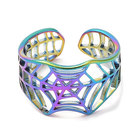 Ion Plating(IP) 304 Stainless Steel Hollow Spider Web Open Cuff Ring for Women RJEW-M149-25RC-1