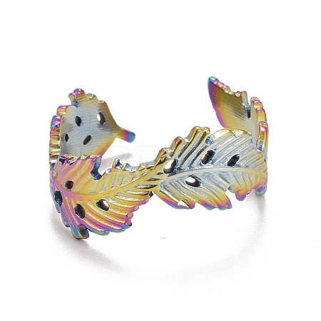 Rainbow Color Ion Plating(IP) 304 Stainless Steel Leaf Wrap Open Cuff Ring for Women RJEW-A005-11-1