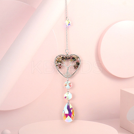 Wire Wrapped Natural Tourmaline Heart with Tree of Life Pendant Decorations HJEW-K046-02P-01-1