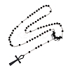 Alloy and Iron Ankh Cross Heart with Bat Wings Pendant Black Round Acrylic Rosary Bead Necklaces LS-NJEW-D335-01BP-4