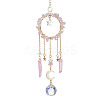 Natural Rose Quartz Chip Pendant Decorations with Brass Moon & Cable Chain & Electroplated Quartz Crystal Tassel HJEW-JM01650-04-1