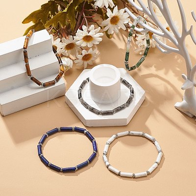 5Pcs 5 Style Natural Mixed Gemstone Column Beaded Stretch Bracelets Set for Women BJEW-JB08989-1
