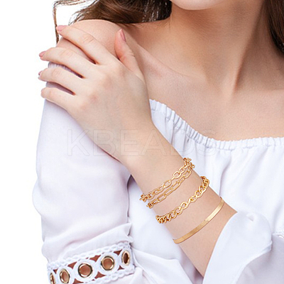 4Pcs 4 Style Alloy Curb & Cable & Paperclip & Herringbone Chain Bracelets Set for Men Women BJEW-AN0001-13-1