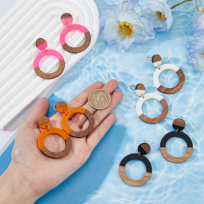 3 Pairs 3 Colors Resin & Wooden Donut Dangle Stud Earrings with 316 Surgical Stainless Steel Pins EJEW-FI0002-47-1