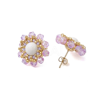 Flower Glass Seed Beaded with Natural Mashan Jade Stud Earrings for Women EJEW-MZ00208-03-1