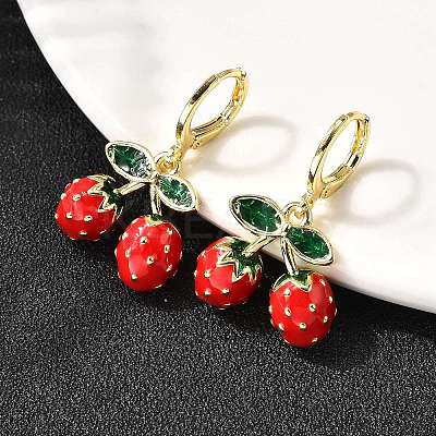 Brass Enamel Strawberry Dangle Earrings EJEW-L305-04G-1