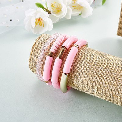 4Pcs 4 Style Acrylic Chunky Curved Tube Stretch Bracelet Sets BJEW-SW00074-04-1