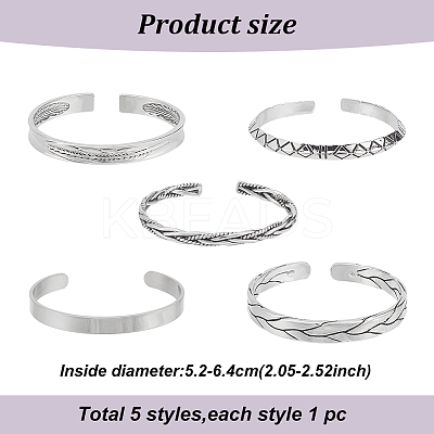 5Pcs 5 Styles Tibetan Style Alloy & 304 Stainless Steel Open Cuff Bangles Set for Women BJEW-AN0001-45-1