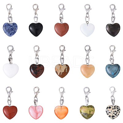 15Pcs Heart Natural & Synthetic Mixed Stone Pendant Decorations HJEW-YW00170-1