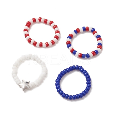 4Pcs 4 Style Independence Day Glass Seed Stretch Finger Rings Set with Brass Star Beaded for Women RJEW-TA00065-1