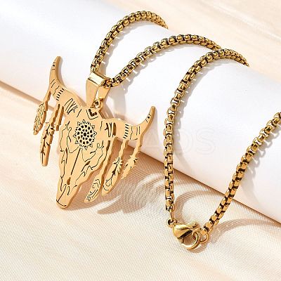 Punk Style 201 Stainless Steel Laser Cut Cattle Head Pendant Box Chain Necklaces for Women Men NJEW-E156-04G-1