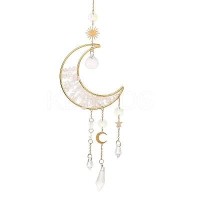 Wire Wrapped Natural Quartz Crystal Chip & Brass Moon Pendant Decorations HJEW-JM01504-04-1