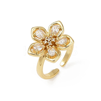 Flower Brass Micro Pave Clear Cubic Zirconia Cuff Rings RJEW-S633-02G-1