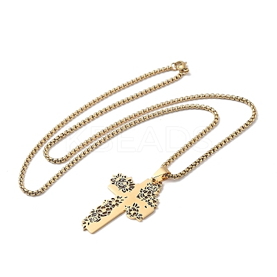 201 Stainless Steel Hollow Rose Cross Pendant Necklaces NJEW-H065-31G-1