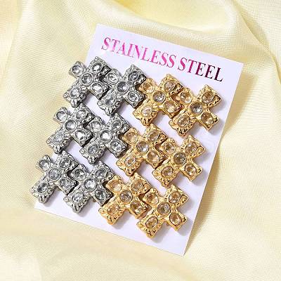6 Pairs 304 Stainless Steel Cubic Zirconia Cross Stud Earrings EJEW-P330-01A-1