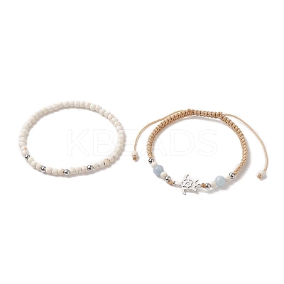 2Pcs 2 Style Synthetic Turquoise(Dyed) & Natural White Jade Braided Bead Bracelets Set BJEW-JB09255-1