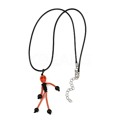 Halloween Theme Skeleton Glass Seed Beaded & Natural Black Onyx(Dyed & Heated) & Skull Dyed Synthetic Turquoise Pendant Necklaces NJEW-MZ00117-1