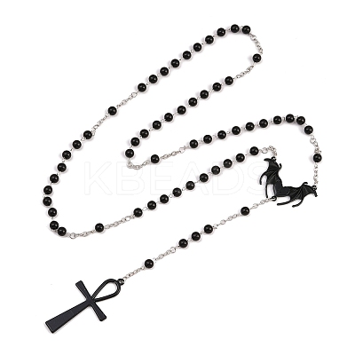 Alloy and Iron Ankh Cross Heart with Bat Wings Pendant Black Round Acrylic Rosary Bead Necklaces LS-NJEW-D335-01BP-1