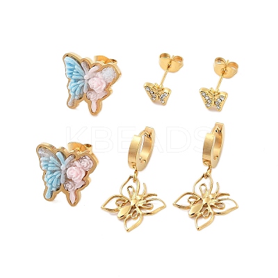 Ion Plating(IP) 3Pairs 3 Styles 304 Stainless Steel Butterfly Earrings EJEW-A114-05G-1