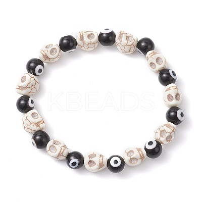 Halloween Dyed Synthetic Turquoise Skull & Lampwork Evil Eye Round Beaded Stretch Bracelets for Women Men BJEW-JB12268-01-1