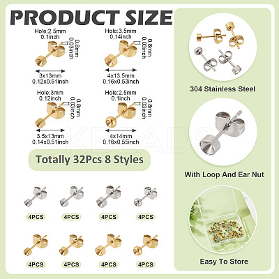 32Pcs 8 Styles 304 Stainless Steel Stud Earring Findings STAS-TA0002-97-1