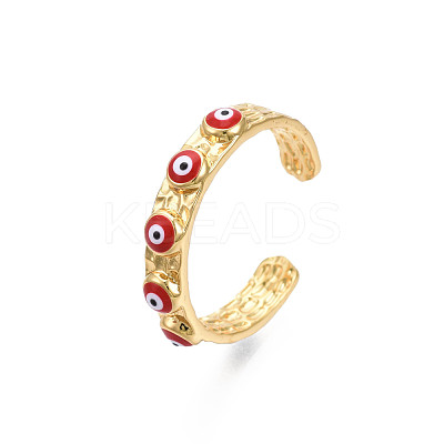 Real 18K Gold Plated Brass Open Cuff Ring with Enamel Evil Eye for Women RJEW-Q166-02D-1