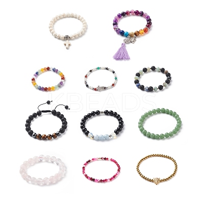 Gemstone Round Beaded Stretch Bracelet for Women BJEW-JB08641-02-1