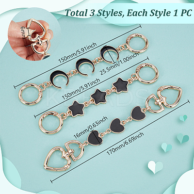 3Pcs 3 Styles Moon Star Heart Alloy Enamel Link Bag Extension Chains AJEW-GA0008-26B-1