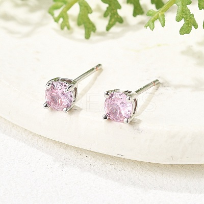 Flat Round Brass Pave Cubic Zirconia Stud Earrings for Women EJEW-G428-29C-03-1