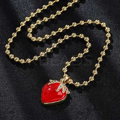 Brass Red Enamel Strawberry Pendant Ball Chain Necklaces NJEW-Z059-02G-1