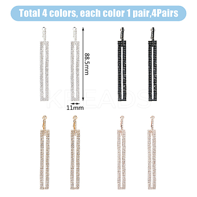 4 Pairs 4 Colors Rhinestone Hollow Rectangle Dangle Hoop Earrings EJEW-FI0002-67-1