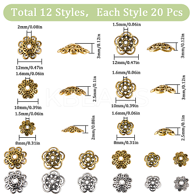 240Pcs 12 Style Tibetan Style Alloy Flower Bead Caps FIND-SC0008-76-1