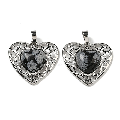Natural Snowflake Obsidian Peach Love Heart Pendants G-G158-01G-1
