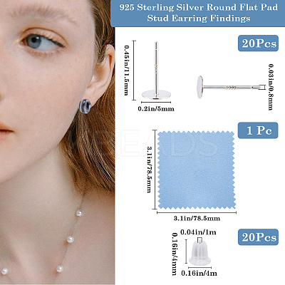 10 Pairs 925 Sterling Silver Flat Pad Stud Earring Settings STER-BBC0006-58B-S-1
