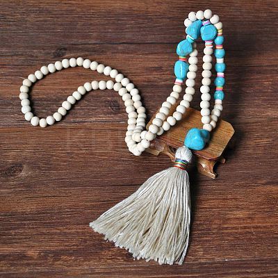 Wood & Synthetic Turquoise Beaded Nuggets Mala Necklaces with Tassel for Women FS-WGC7FA0-03-1
