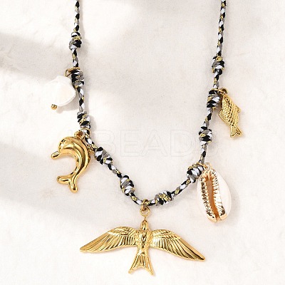 Summer Beach 304 Stainless Steel & Electroplated Natural Shell Pendant Adjustable Polyester Cord Necklaces for Women NJEW-F348-01A-G-1
