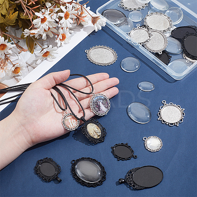 20Pcs 10 Styles Tibetan Style Antique Silver Alloy Flat Oval Pendant Cabochon Settings TIBEP-ME0001-05-1